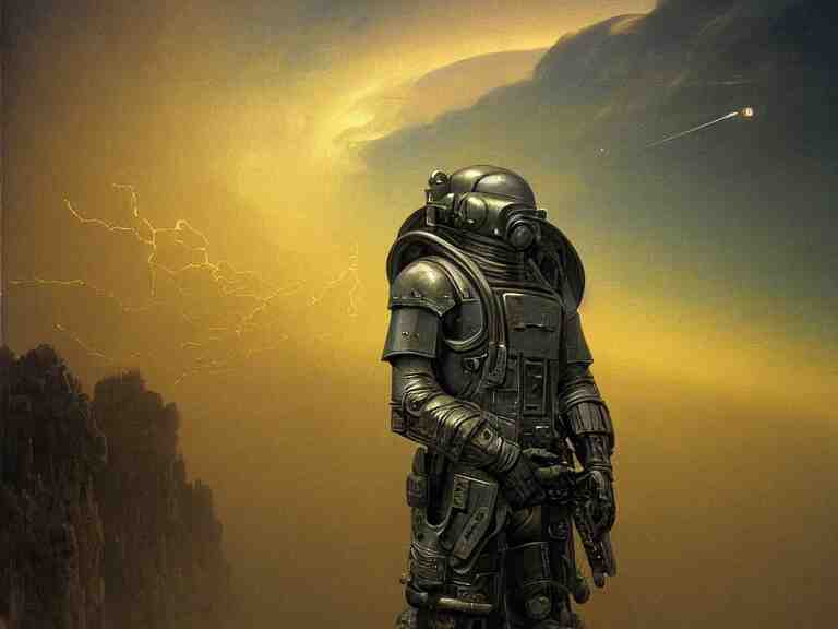  a detailed portrait painting of a bounty hunter in combat armour and visor. Smoke. cinematic sci-fi poster. Cloth and metal. Flight suit, accurate anatomy portrait symmetrical and science fiction theme with lightning, aurora lighting clouds and stars. Futurism by beksinski carl spitzweg moebius and tuomas korpi. baroque elements. baroque element. intricate artwork by caravaggio. Oil painting. Trending on artstation. 8k