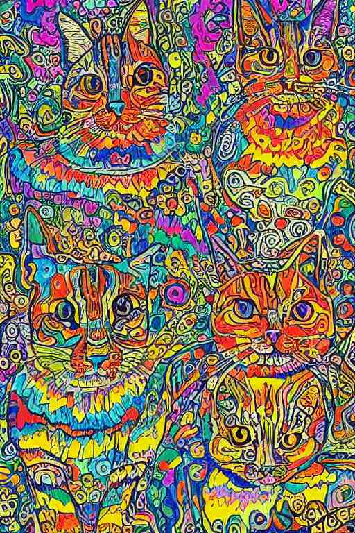 Psychedelic cats in the style of Louis Wain