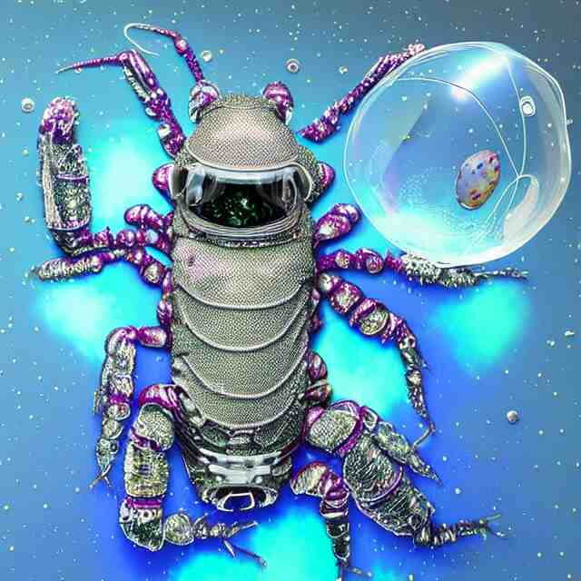 realistic extremely detailed  photo style  painting of a  astronaut eva lobster suit covered in  diamond 3d fractal lace iridescent bubble 3d skin +, camera appendage stalks+helmet clear brain case see through ,in a jumping float pose inside of a futuristic space station blobby holograpic shrink wrap bubble,
,opal ruby diamond iridescent fractal lace bubble materials,alternate reality ceramic age,
monolithic retro futuristic ,water , by style hybrid mix of beeple+Anton Pieck+Jean Delville+ Amano,Yves Tanguy+ Alphonse Mucha+ Ernst Haeckel+ Edward Robert Hughes+Stanisław Szukalski covered with compound eye camera lenses,neutron,
rich moody colors,diamond dust glitter and sparkles, granular detail,holographic krypton ion,blue eyes,octane render,4k,
f32,55mm photography,wide angle ,jumping float Pose,full shot,  