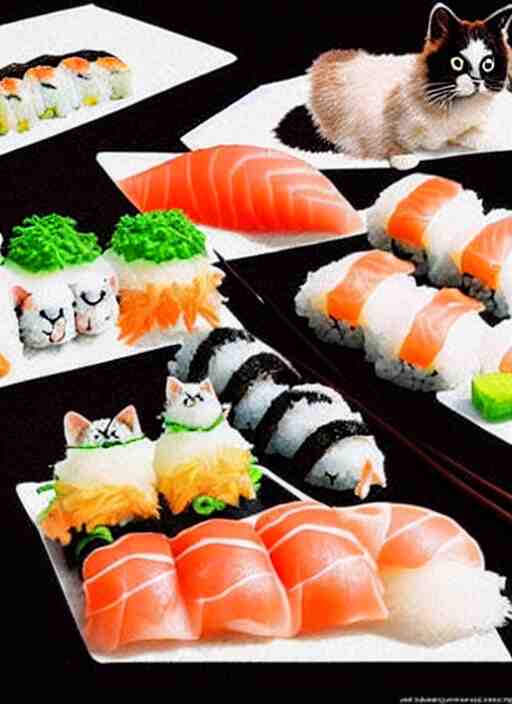 clear photorealistic picture of adorable cats made out of sushi 