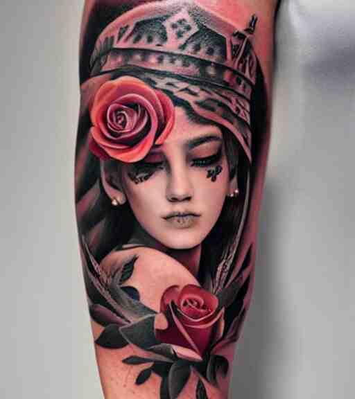 tattoo design on white background of a beautiful girl warrior, roses, hyper realistic, realism tattoo, by eliot kohek 