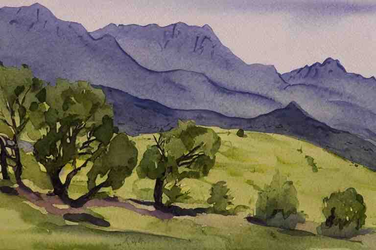 green landscape with trees and mountains in the distance, watercolor 