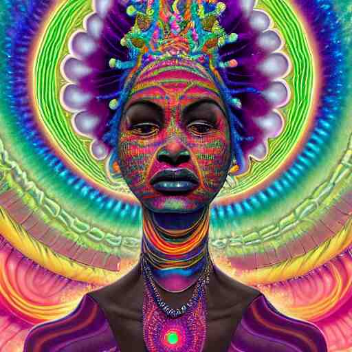 an extremely regal african queen with colorful dreadlocks and a glowing opal!!! in the center of her forehead, meditating in a magic mushroom zen garden, rainbow nebula clouds, by alex grey and afarin sajedi and amanda sage and android jones and agostino arrivabene and wayne barlowe in a psychedelic portrait style, surreal, afofuturism, afropunk, black art, ultrarealistic, rendered in cinema 4 d, volumetric lighting lighting, digital illustration, chakra, highly detailed, elegant, extremely ornate, fractal!, extremely symmetrical!!, highly detailed face, wide angle dynamic portrait, 8 k, hd. 