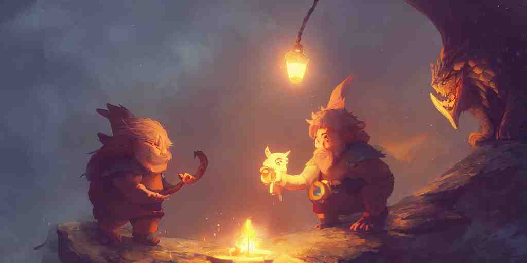 a dwarf and his small pet dragon drinking a beer together | gapmoe kuudere moody lighting stunning bokeh highlights sharp contrast | trending pixiv fanbox | by greg rutkowski makoto shinkai takashi takeuchi studio ghibli 