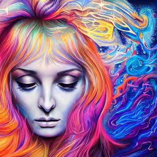 a psychedelic chakra awakening kundalini ethereal portrait of kim petras with her eyes closed transcending to a higher plane of existence, eternal blessing, multiverse, by android jones, by ben ridgeway, by ross draws, by noah bradley, by maciej kuciara, visionary art, oil painting, artgerm, featured on artstation, cgsociety, greg rutkowski 