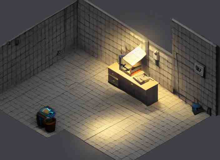 isometric view of a dimly lit room, a 3 d render by paul kelpe, cgsociety contest winner, volumetric lighting, cinematic lighting, isometric 