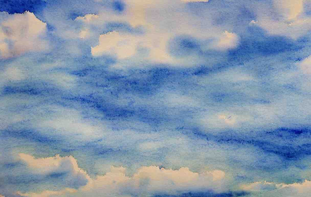 a beautiful watercolor painting of a beautiful ocean with peaceful fluffy clouds in the sky 