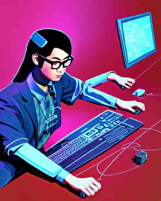 richly detailed color illustration of a nerd-using-a-computer-to-crack-the-code surrounded by technology illustrated by Artgerm and Mina Petrovic and Timothy Kong and Marina Federovna. 3D shadowing