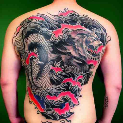 photograph of a Japanese back tattoo, colourful ink, traditional Japanese pattern depicting a werewolf, highly-detailed, beautiful, award winning, 8k