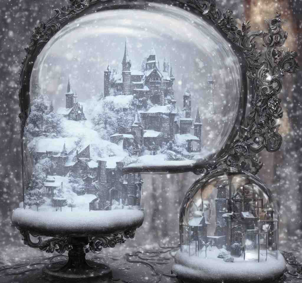 a snow globe on a table with a goth castle inside, cgsociety, snow, dreamy, volumetric light, 3 d render, artstation, hyperdetailed, dramatic, epic painting, 8 k, sharpness 