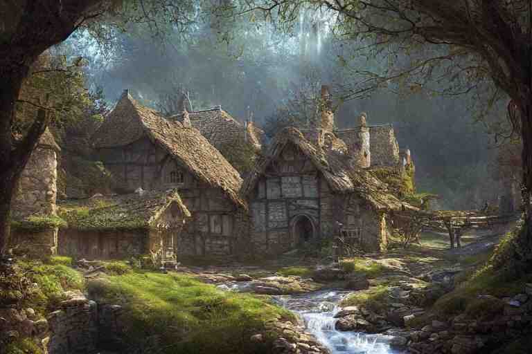 a medieval village with a stream in a forested valley by jessica rossier and brian froud cinematic painting 