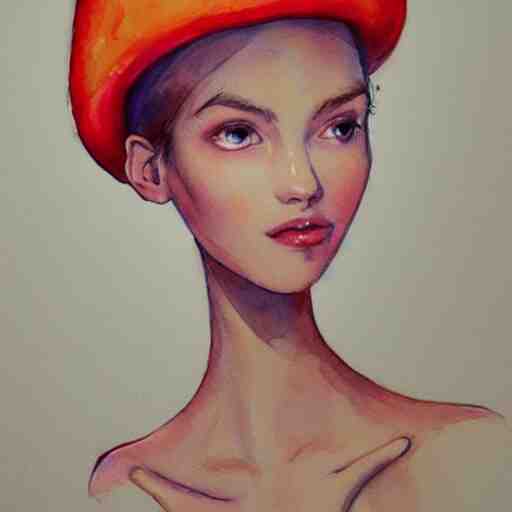 Portrait of a thin girl in full height, elegant pose, a huge toadstool hat on her head, large eyes without a pupil artstation, watercolor, highly detailed,