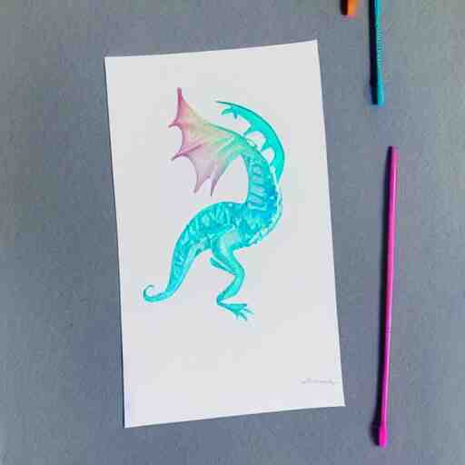 mystical pastel dragon, minimalist watercolor on white paper, cute