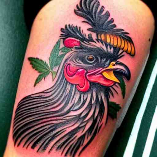 A small tattoo of a black rooster. The black chicken is holding smoking a large cannabis blunt in its mouth