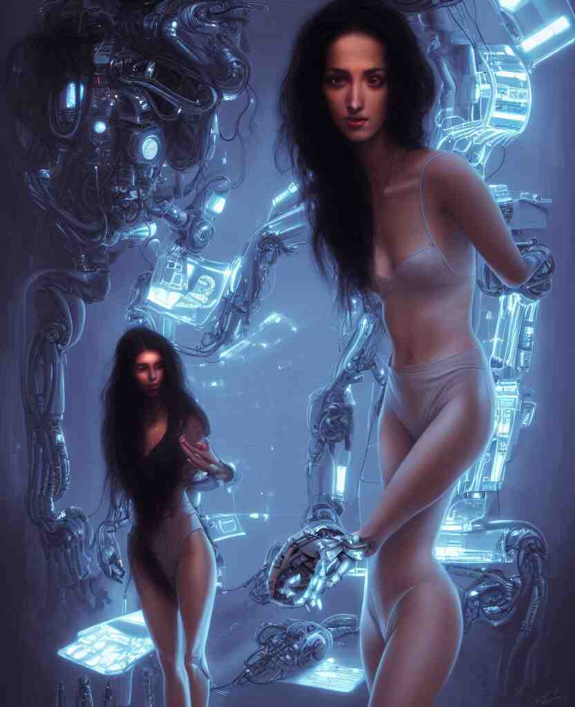 beauty young spanish woman with long black hair robotic hands, interacting with a holographic interface of alien artifacts, electrical case display, Terminator tech, ultrarealistic, dramatic lighting, electrical details, high details, 4k, 8k, best, accurate, trending on artstation, artstation, photorealism, ultrarealistic, digital painting, style of Peter Mohrbacher, Caravaggio, Hajime Sorayama and Boris Vallejo