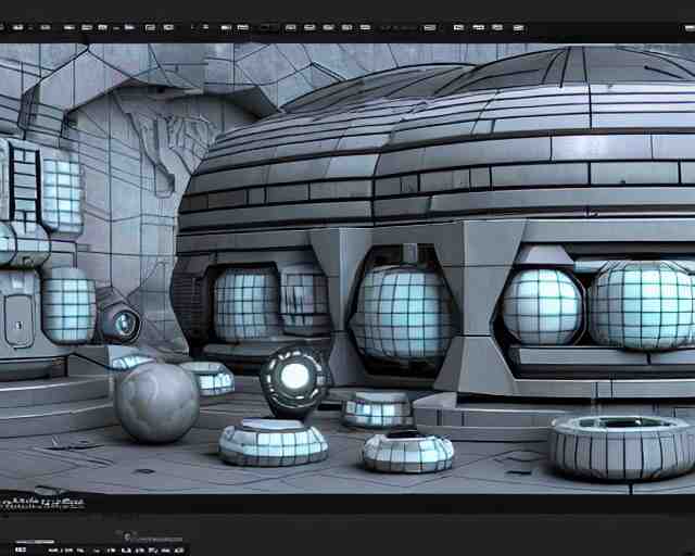 3 d sculpt of scifi rectangular industrial building facade covered with many spheres and torus shapes by maschinen krieger, starcraft, halo, star wars, ilm, star citizen halo, mass effect, starship troopers, elysium, the expanse, high tech industrial, artstation unreal 