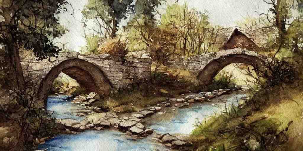 medieval path in the countryside, crossing a small river with a small bridge, exquisite masterpiece watercolor painting, trending on artstation 