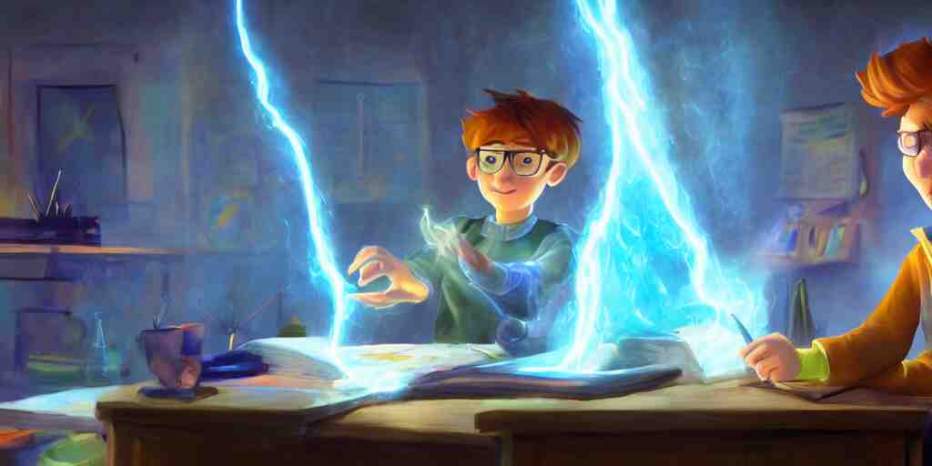 a young male mage they are in a alchemy workshop working at there desk. colorful, light rays, medium shot, waist up, sharp, bloom, dramatic lighting, by pixar, dreamworks and marvel 