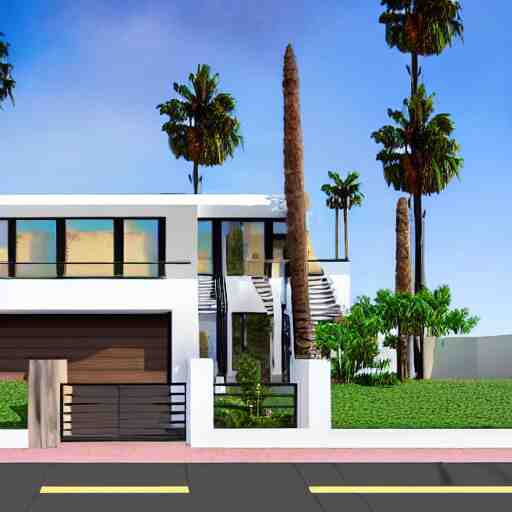 front elevation of a 3 story modern house, los angeles, palm trees, colorful markers on sketch paper, drawn by artist 