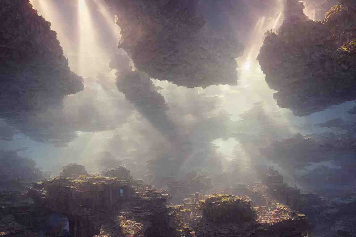 sunbeams shining through underwater city ruins, oil painting, concept art, filip hodas, john howe, mike winkelmann, jessica rossier, andreas rocha, bruce pennington, 4 k, 