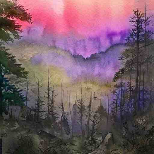 a beautiful watercolor painting an epic appalachian wilderness at dawn, godrays, mystical, deep shadows, epic scale 