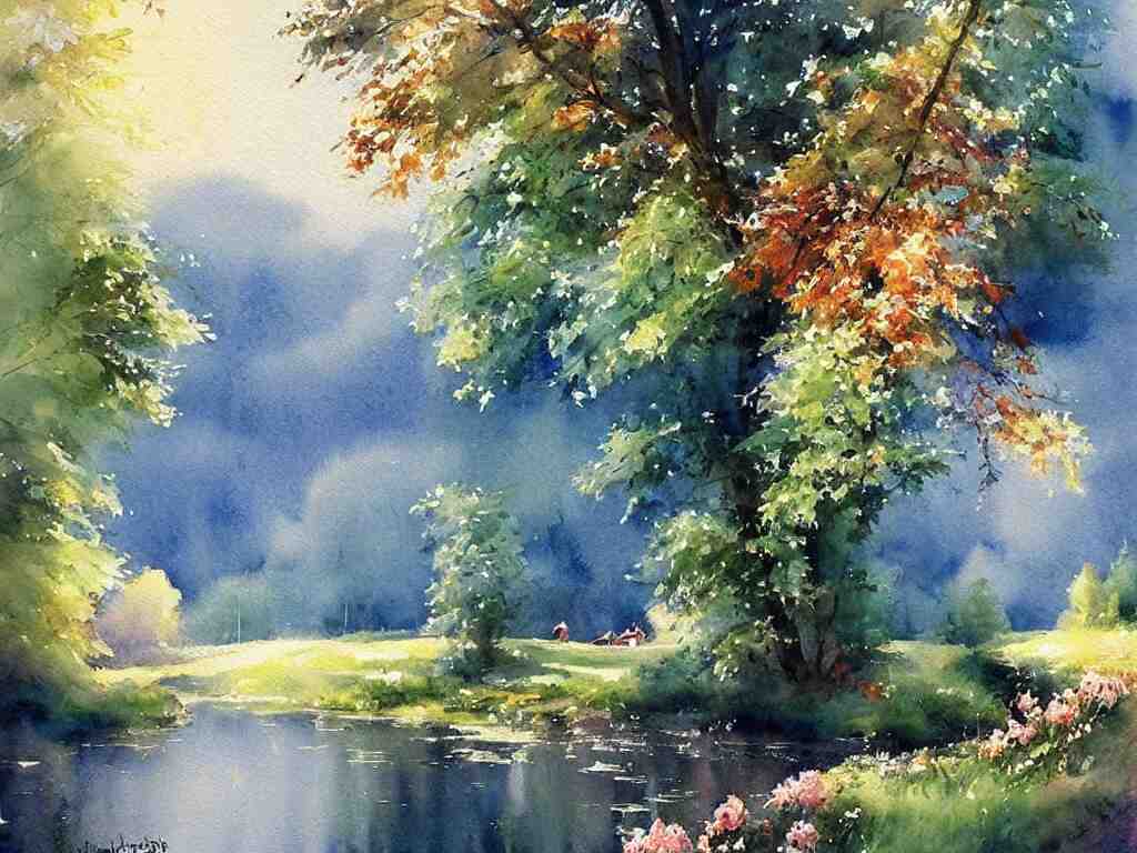 a beautiful night in the swedish countryside, watercolor painting by vladimir volegov 