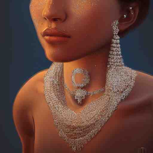 a beautiful portrait of a diamond goddess with glittering skin, a detailed painting by greg rutkowski and raymond swanland, behance contest winner, photorealism, behance hd, daz 3 d, zbrush 