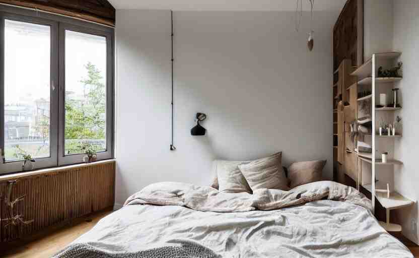 interior of a compact bedroom in an apartment building, bed, bronze wall, cupboards, czech design, swedish design, natural materials, minimalism, pine wood, earth colors, feng shui, rustic, white, beige, bright, plants, windows with a view of a green park, modernist, 8 k 