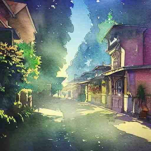 Beautiful happy picturesque charming sci-fi town in harmony with nature. Beautiful light. Water and plants. Nice colour scheme, soft warm colour. Beautiful detailed artistic watercolor by Vincent. (2022)