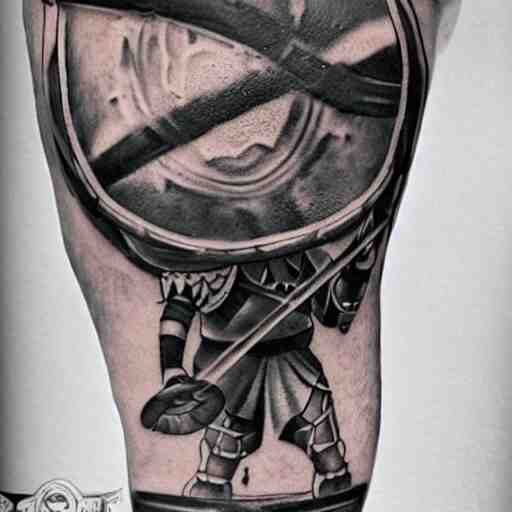 an up close gladiator with shield and sword, tattoo, tattoo art, Black and grey tattoo style,