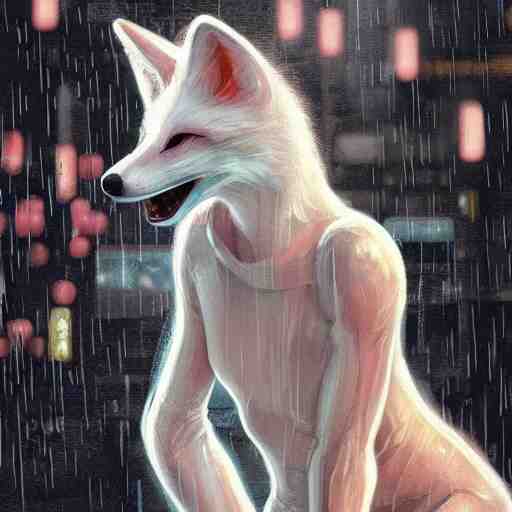 white anthropomorphic female vulpes vulpes fulva, eating ramen from a bowl, in the rain by a noodle kiosk, in crowded and wet street of a city, cyberpunk, harsh neon lights, highly detailed, digital painting, trending on artstation, concept art, sharp focus, illustration, art by artgerm and greg rutkowski and magali villeneuve 