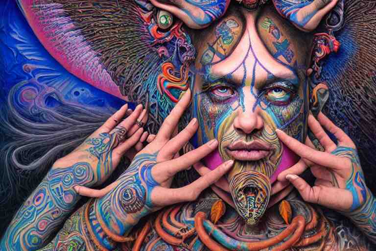 psychedelic shaman, blue and pink, wearing shipibo tattoos, inside an epic, ancient temple, ayami kojima, greg hildebrandt, mark ryden, hauntingly surreal, eerie vibrating color palette of charlie immer, highly detailed painting by, jenny saville, soft light 4 k 