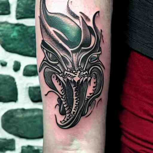 Tattoo of a dragon starting from the elbow, wrapping around the wrist in a downward spiral, emerald placed inside of the dragons mouth, forearm tattoo