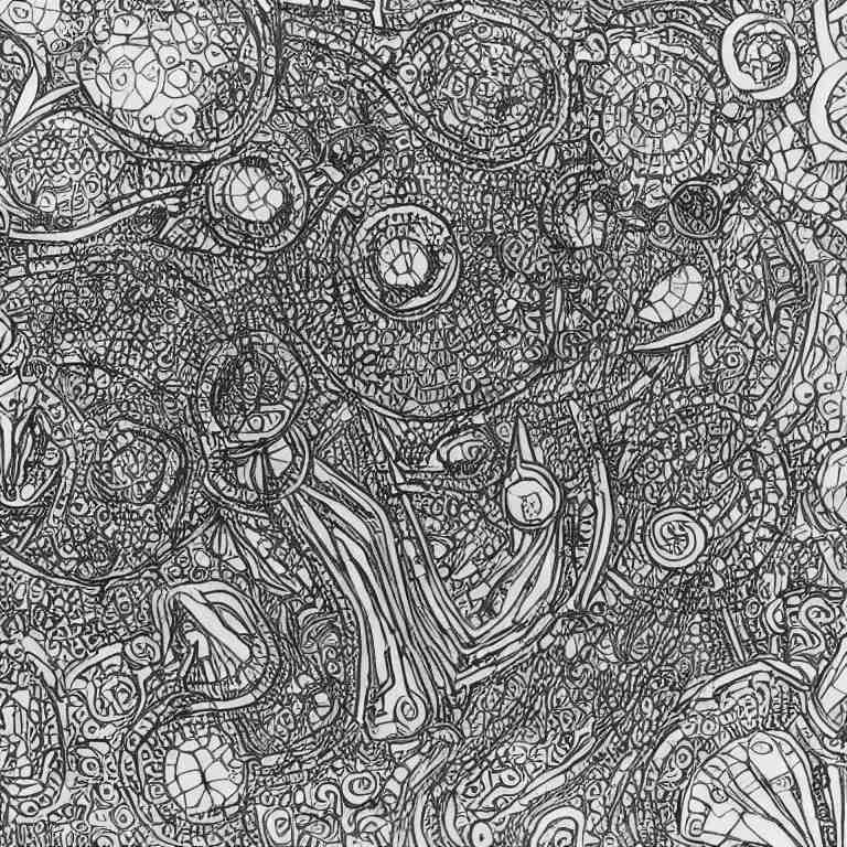 notebook doodle architecture sketch with extremely intricate psychedelic dmt mushrooms lsd patterns hyper detailed linework pen and paper 