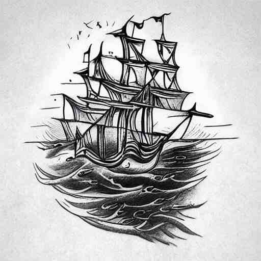 a pirate ship sailing in the sea, realism tattoo design, white paper background, by Matteo Pasqualin tattoo artist