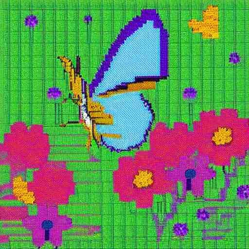 pixel art of a butterfly in a field of wild flowers, ghibli color scheme 