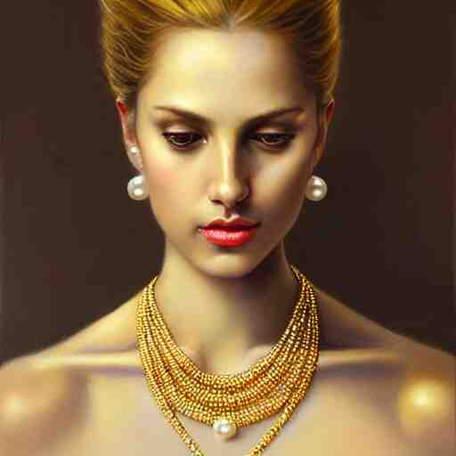 Facial portrait of a gorgeous girl, looking away from the camera, seductive smile, heavy gold jewellery, gold and pearl necklaces, elegant revealing intricate dress, sparkle in eyes, lips slightly parted, long flowing hair, no hands visible, delicate, teasing, arrogant, defiant, bored, mysterious, intricate, extremely detailed painting by Mark Brooks (and by Greg Rutkowski), visible brushstrokes, thick paint visible, no light reflecting off paint, vibrant colors, studio lighting