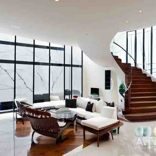 A modern style living room with floor to ceiling glass windows on the left and curved wooden stairs going upstairs on the right, two white sofas with a white marble table in the center, stairs to the second floor, 8k resolution, professional interior design photograph, wide angle photograph