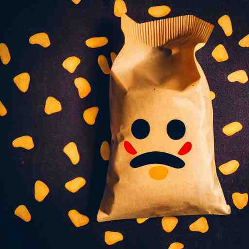 bag of lays potato chips, poop flavor with poop emoji on bag ( eos 5 ds r, iso 1 0 0, f / 8, 1 / 1 2 5, 8 4 mm, postprocessed, bokeh ) 