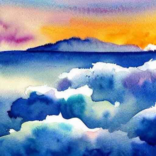 a beautiful watercolor painting of a beautiful ocean with peaceful fluffy clouds in the sky 