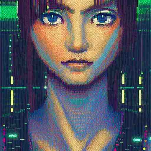 A pixel art, pointillisme potrait of a cyberpunk cyborg girl with big and cute eyes, fine-face, realistic shaded perfect face, fine details. Very anime style. Realistic shaded lighting poster by Ilya Kuvshinov katsuhiro, magali villeneuve, artgerm, Jeremy Lipkin and Michael Garmash, Rob Rey and Kentarõ Miura style, trending on art station