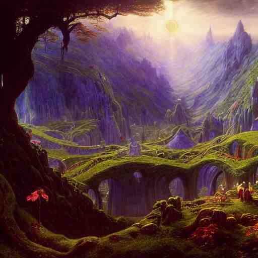 a beautiful and highly detailed matte painting of the lost elven land of avalon, celtic, psychedelic, epic scale, insanely complex, hyperdetailed, sharp focus, hyperrealism, artstation, cgsociety, 8 k, bright colors, by caspar friedrich, albert bierstadt, james gurney, brian froud, 