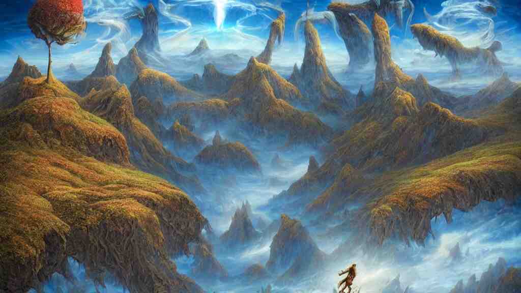 fantasy landscape with anthropomorphic!!! terrain!!! in the styles of igor morski, jim warren, and rob gonsalves, intricate, hyperrealistic, volumetric lighting, big sky, distinct horizon 