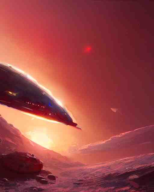 legendary space ship, ice fish shape, desert planet, cinematic, highly detailed, scifi, intricate digital painting, sunset, red glow, illustration, artstation, by johnson ting, jama jurabaev 