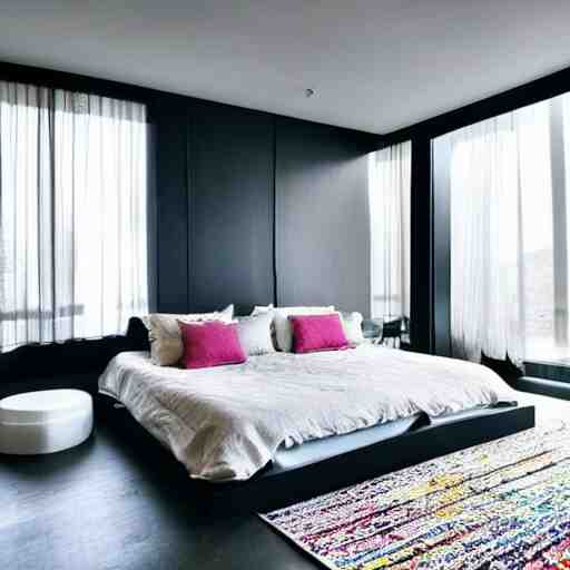 Bedroom with Minimalistic Art on the walls, white furniture, Multi colored Mandala Rug, big windows with sunlight coming in