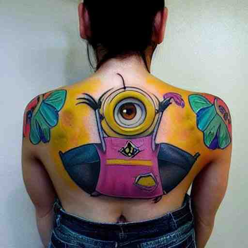 tattoo of minion on female back, epic, colorful, beautiful, intricate detail