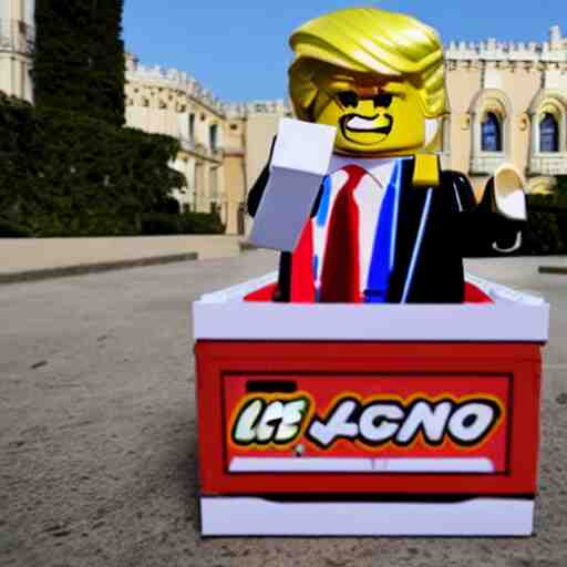 lego donald trump with cardboard box outside mar - a - lago, wide shot, lego, 