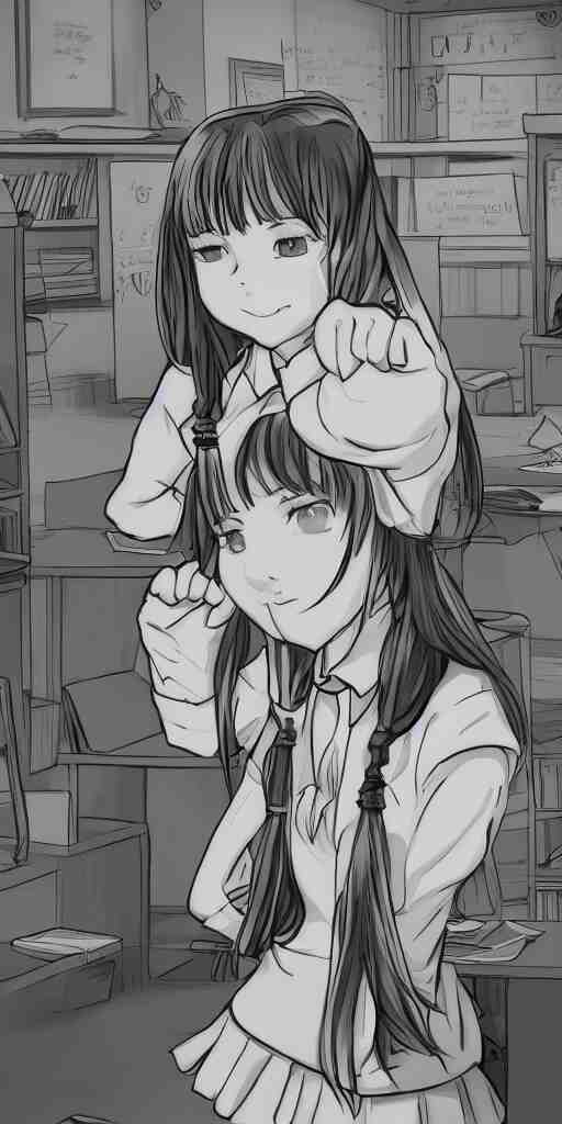 potrait of a schoolgirl in a classroom mirror, digital art, anime style, 8 k, black and white 