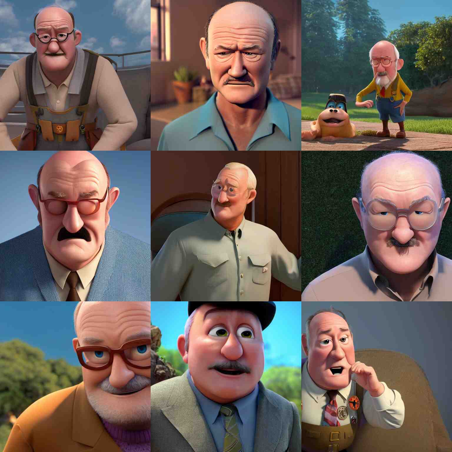 calm gene hackman at 5 0 years old as a pixar disney character from up ( 2 0 0 9 ), unreal engine, octane render, 3 d render, photorealistic 