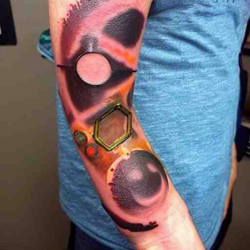 arm tattoo of a 3 d hole in the skin with multicolored robotic mechanics inside under the skin, insanely integrate, 3 d 